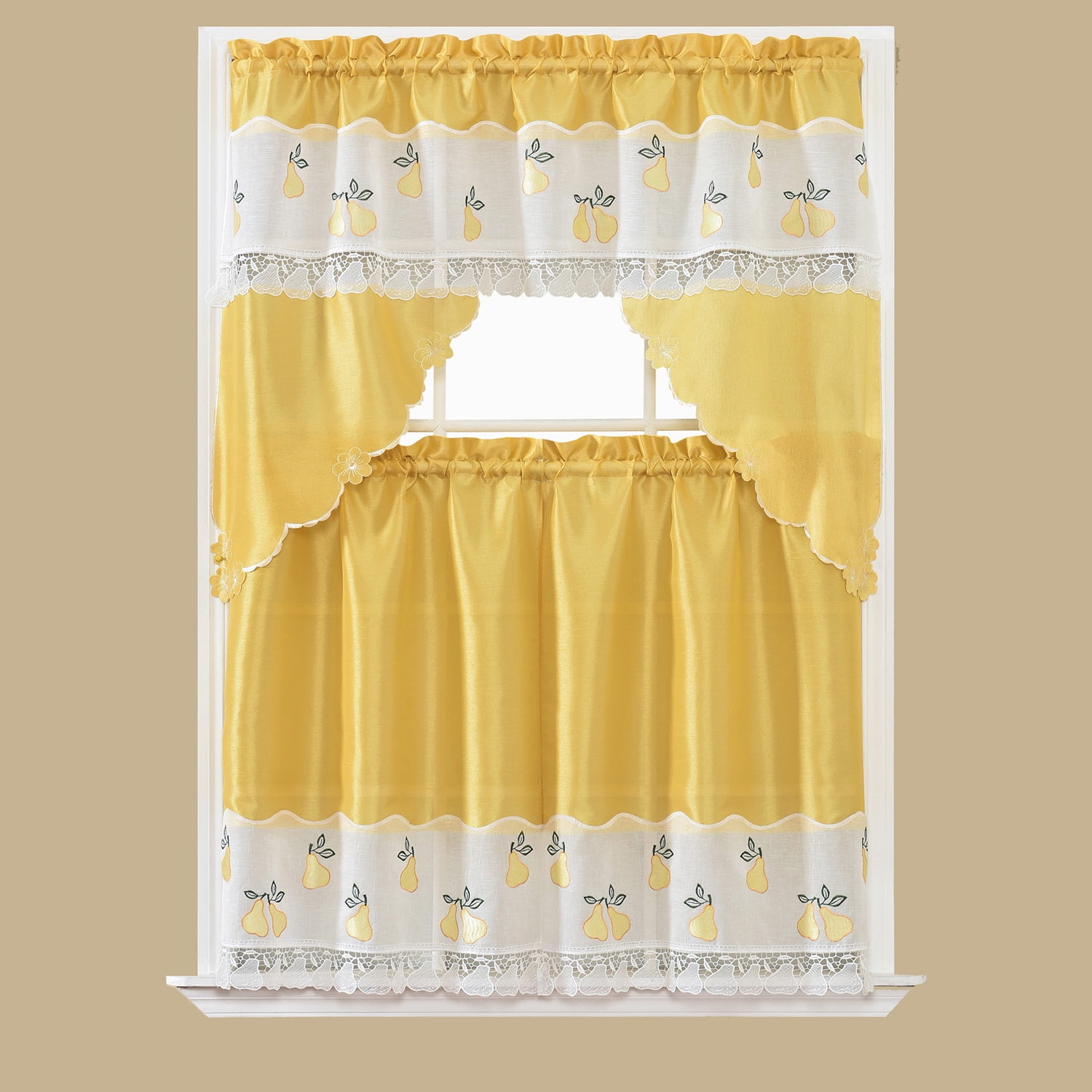 Pear 3Piece Embroidered Kitchen Curtain Tier and Swag Set, Yellow