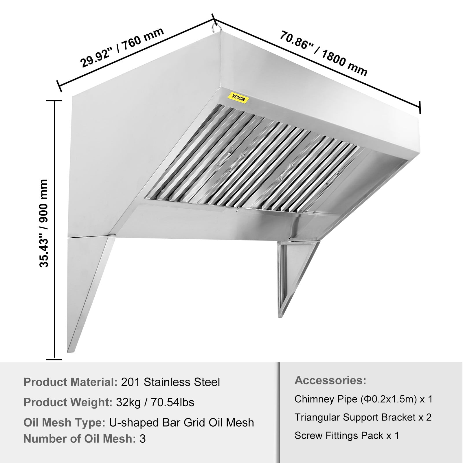 VEVOR Commercial Exhaust Hood 6ft Food Truck Hood Exhaust 201 Stainless Steel