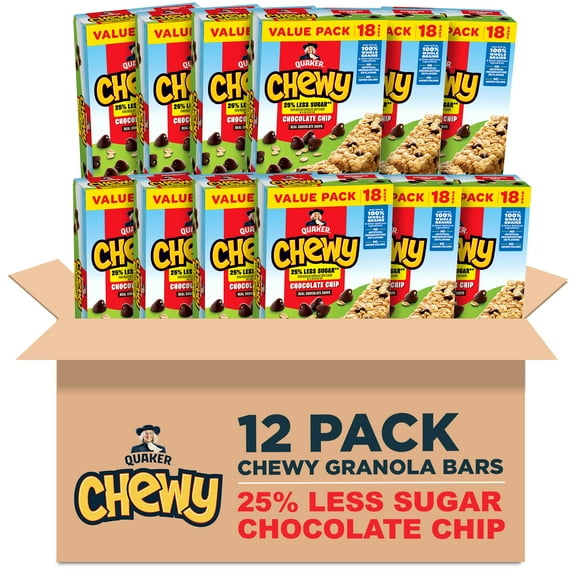 (12 pack) Quaker Chewy Less Sugar Chocolate Chip Granola Bars, 0.84 oz 8 Ct