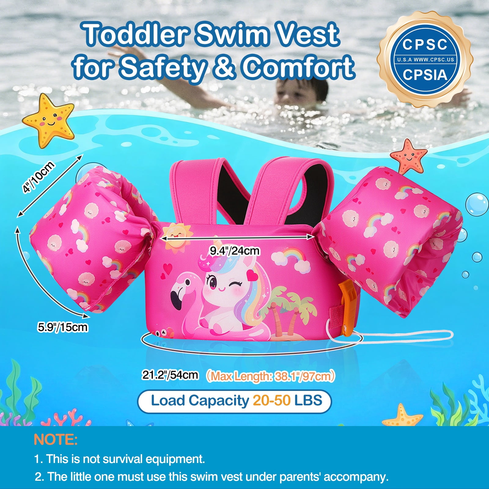 MoKo Kids Swim Vest with Armbands, Toddler Floaties 20-50 lbs, 2-7 Years Girls Boy, Deep Pink Unicorn