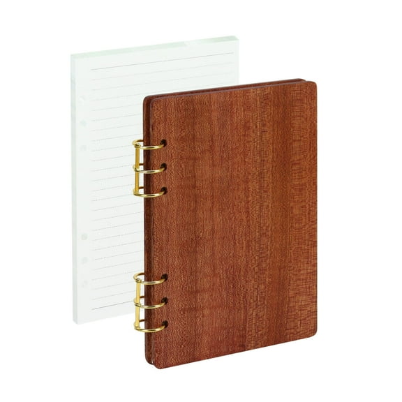MultiBey A5 Binder Ebony Wood Binder Notebook Cover, 6 Ring Loose Leaf Personal Planner Binder Wooden Cover with 45 Sheets Refills Paper, A5 Planner Insert Binder