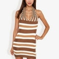 thumbnail image 2 of Women's Striped Halter Neck Knit Dress With V-Neckline- Small, Brown, 2 of 6