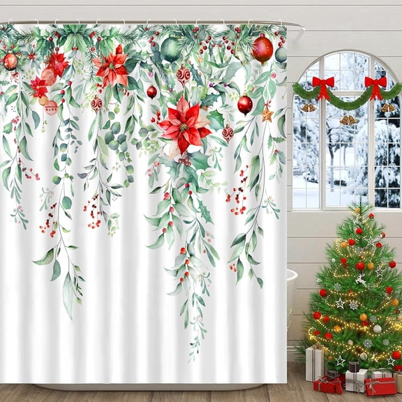 Christmas Shower Curtain Set Xmas Holly Shower Curtains Waterproof Fabric Bath Curtains with 12 Hooks for Winter Christmas Holiday Home Bathroom Decor, 72 x 72 Inches