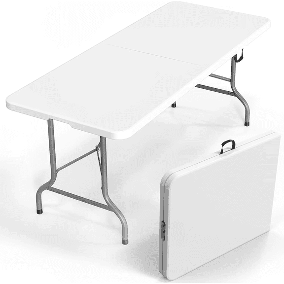 6-Foot Plastic Folding Table, Portable Long Table, Indoor/Outdoor Use, Rectangular, with Carry Handle, Smooth HDPE Tabletop, White