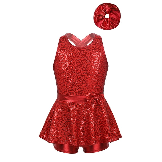 TSSOE Robe de Danse Moderne à Paillettes pour Filles avec Bandeau Costume de Performance Croisé dans le Dos Rouge 16
