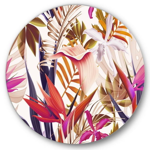Designart 'VIntage Tropical Flowers III' Traditional Circle Metal Wall Art 36x36 - Disc of 36
