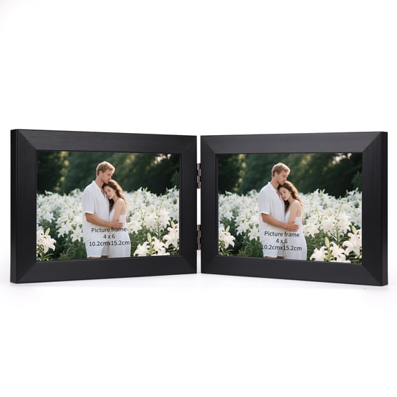 4x6 Double Picture Frame with Real Glass Display Horizontal 4 by 6 Photo, Black Hinged Folding Frame for Tabletop Standing
