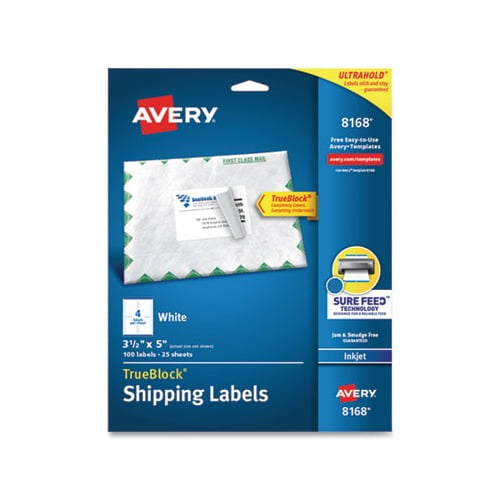 Shipping Labels w/ TrueBlock Technology Inkjet Printers, 3.5 x 5, White, 4/Sheet, 25 Sheets/Pack