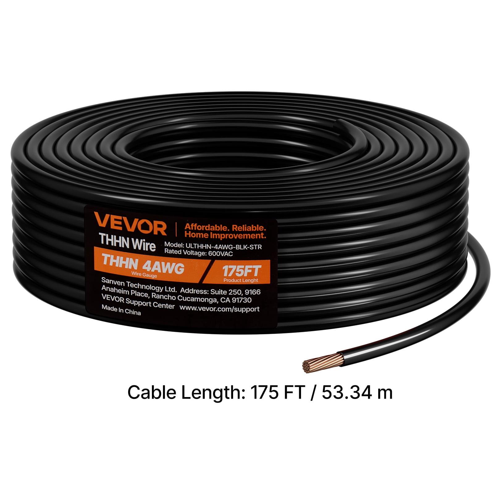 VEVOR 4 AWG THHN Wire, 19-Stranded, 100% OFC Copper Electrical Building Wire with Nylon Jacket, Rated for Up to 600 Volts, for Indoor & Outdoor Use, Commercial, Industrial, Residential, Black