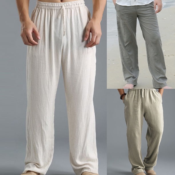 Farfi Talla grande Hombres Algodón Lino Pantalones largos Cintura elástica Pantalones rectos sueltos Ejército Verde Farfi Pantalones