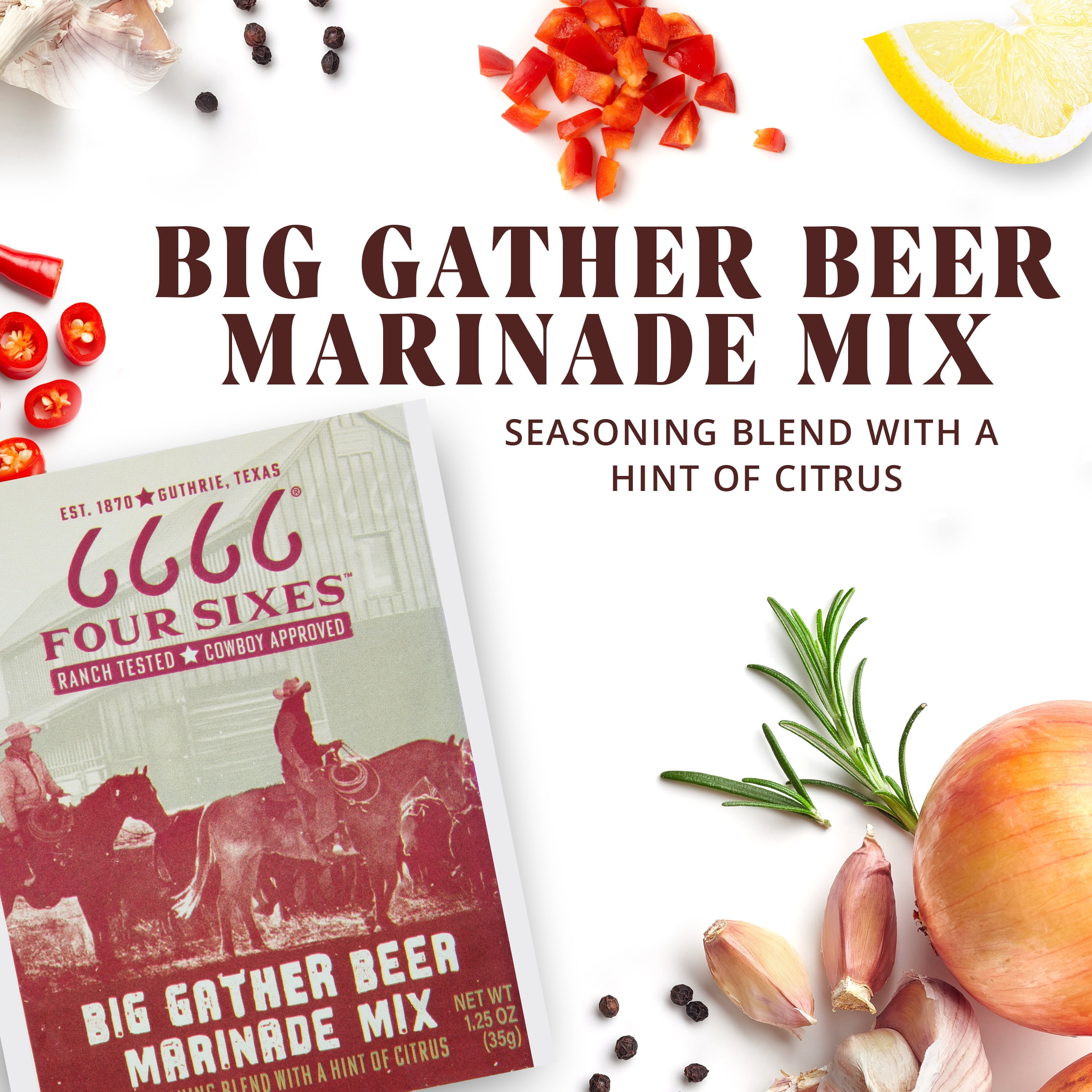(4 pack) Four Sixes Big Gather Beer Marinade Mix, Meat Marinade, Hint of Citrus, 1.25 oz Packet