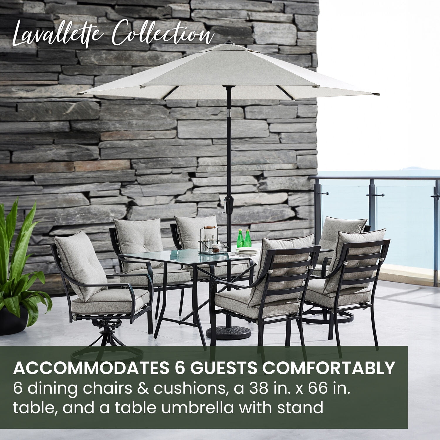 Hanover Lavallette 7-Piece Modern Outdoor Dining Set with Umbrella | 6 Cushioned Swivel Rocker Chairs | 66'' x 38'' Glass-Top Table | Weather Resistant Frame | Silver |LAVDN7PCSW-SLV-SU
