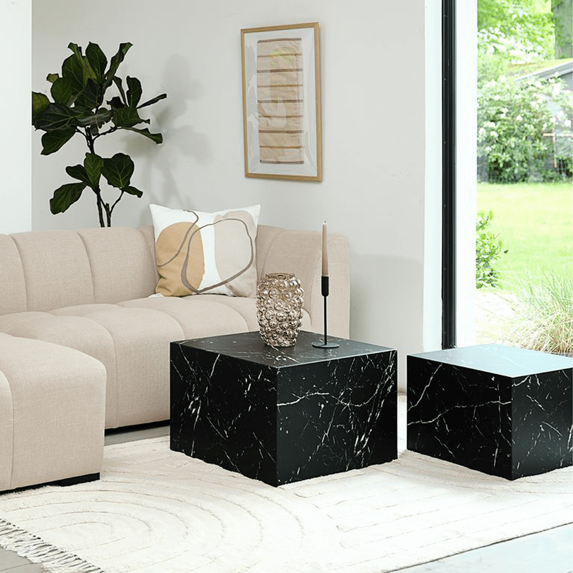 Caffoz Square Faux Marble Coffee Table Set of 2, Nesting Design, Pre-Assembled Living Room Accent Tables,Marble Black