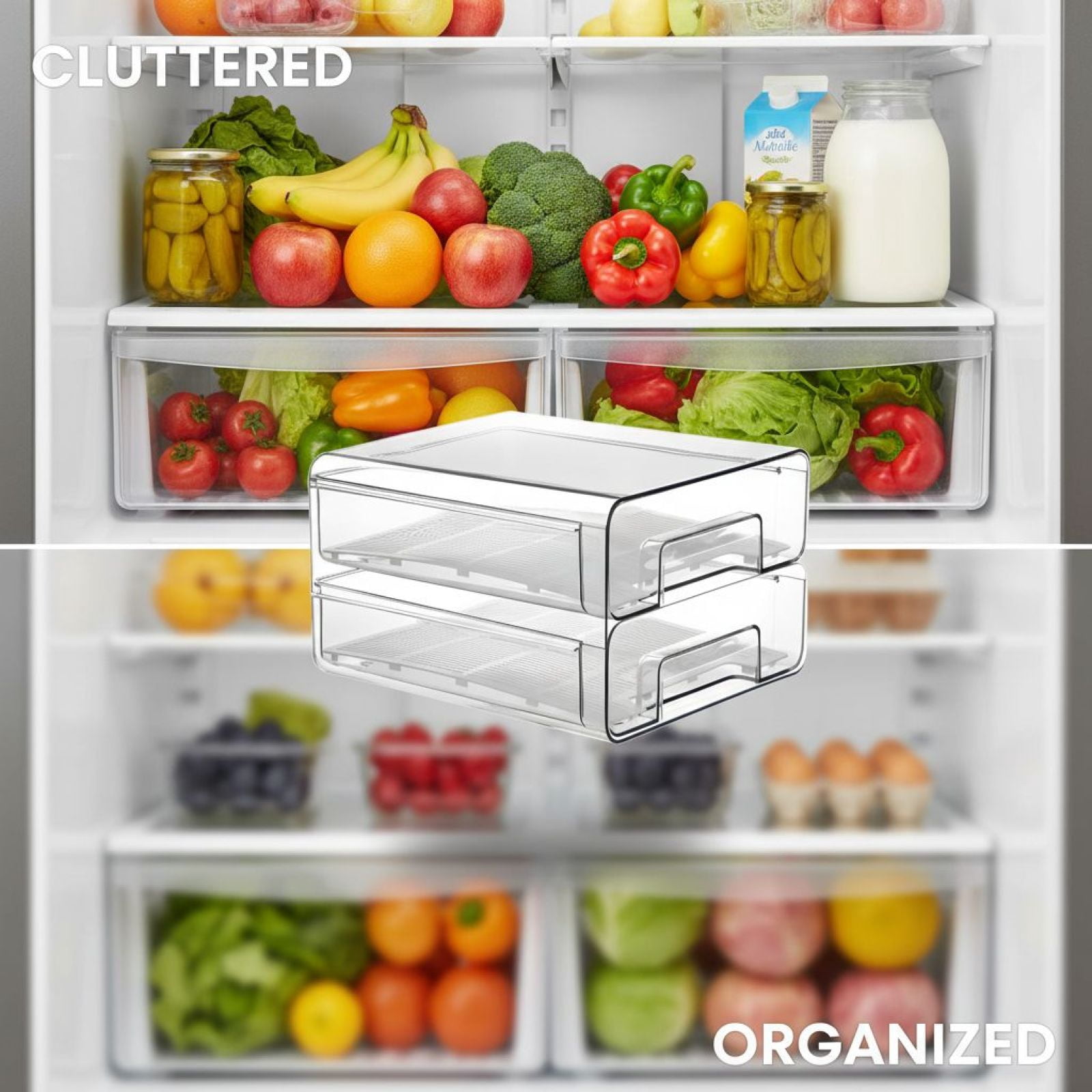 Double Layer Refrigerator Organizer,Stackable Clear Bin with Drain Tray & Dividers,9.7x8.4x5.6 Inch, for Fruits, Vegetables,Eggs,Refrigerator Storage
