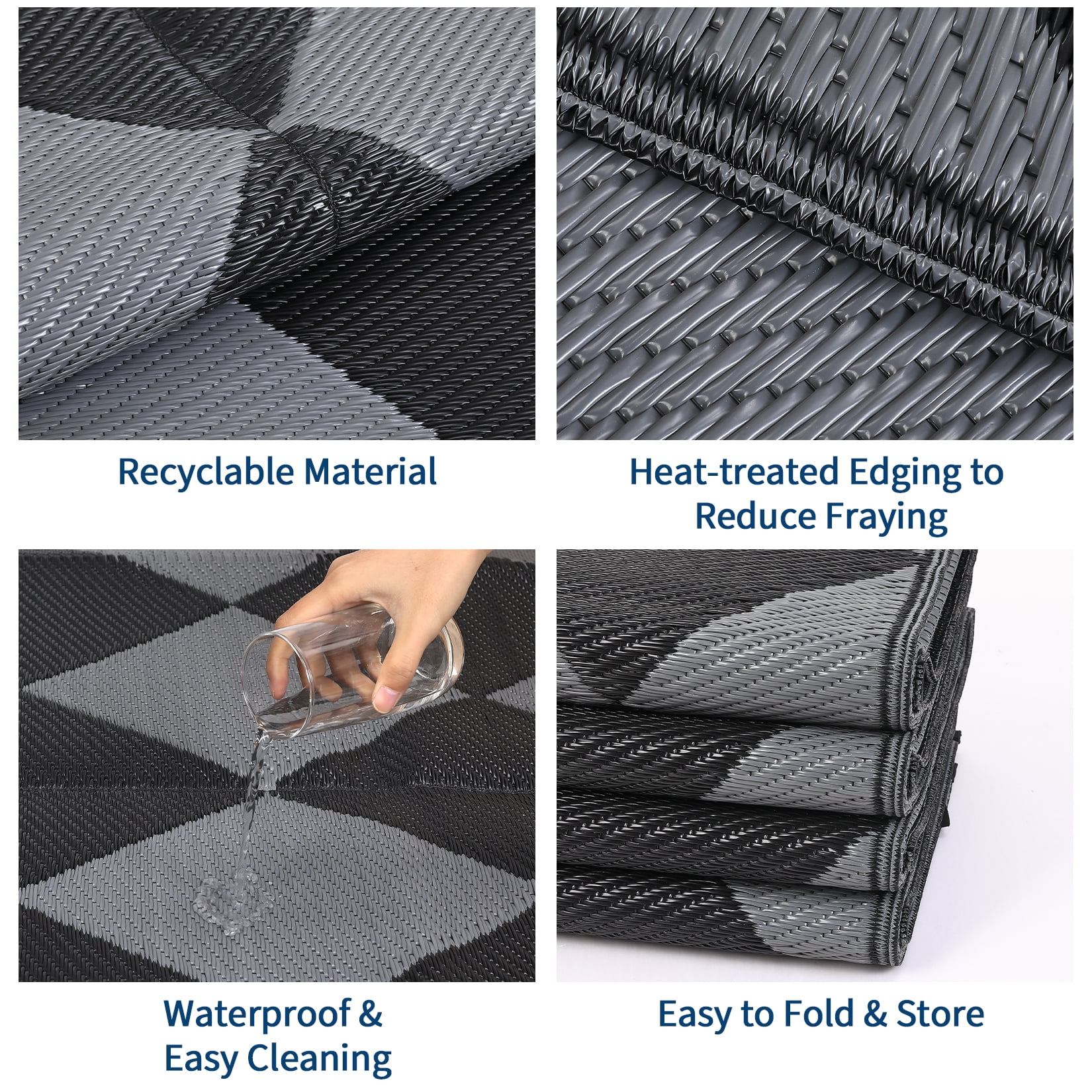 HIWEAVER 9' x 12' Black/Gray Outdoor Rug PP Plastic Straw Woven Waterproof Patio Rug with Border Portable Outside Carpet for Balcony Deck Picnic Garden Decor