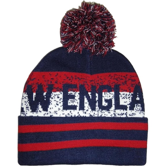 New England Adult Size Digital Pattern Winter Knit Pom Beanie Hat (Navy/Red)
