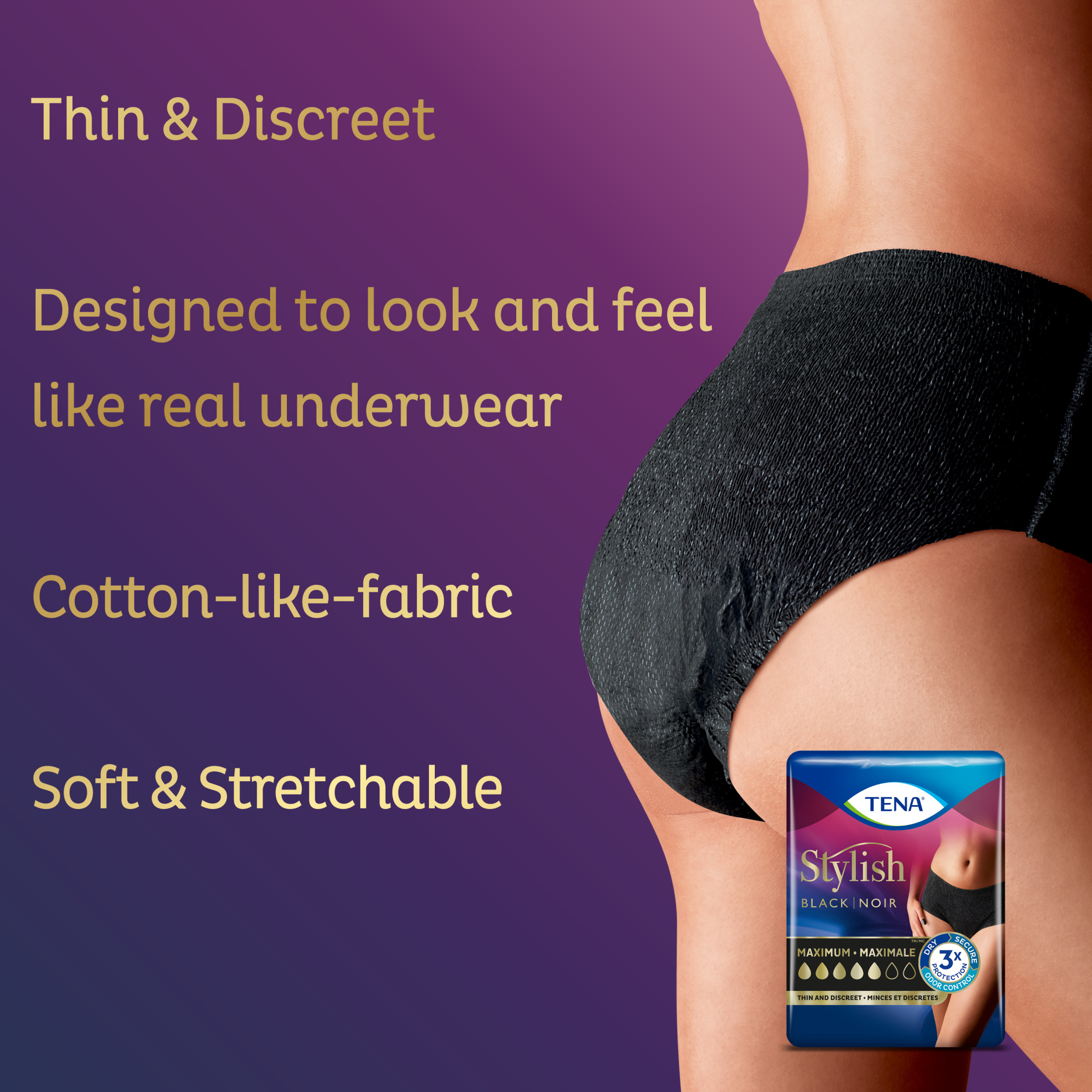 Tena Stylish Black Underwear for Women, Maximum, Large, 16 Ct - image 2 of 11