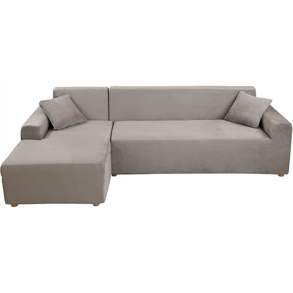 MIFXIN Sectional Couch Cover Stretch L-Shaped Sofa Slipcover 2 Piece Plush Spandex Sofa Chaise Covers with Elastic Bottom Furniture Protector for Living Room Kids Dogs Cats Pets (Light Grey)