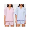 thumbnail image 4 of Yunliwuli Women's 2 Piece Lounge Set, Lapel Neck Short Sleeve Button Down Striped Tops + Elastic Waist Shorts Pajama Outfits for Summer, 4 of 9