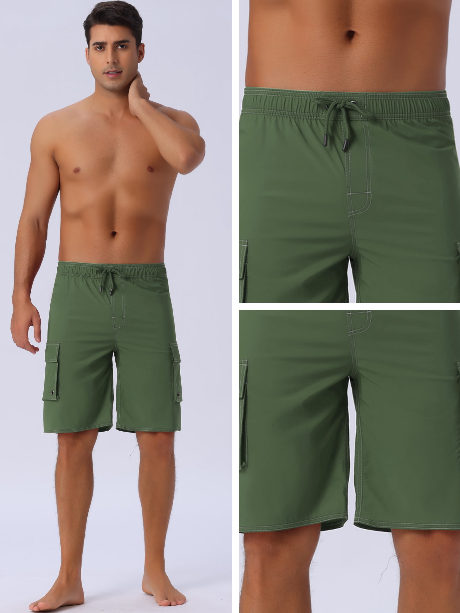 DARING DIVA Men's Solid Color Side Pockets Lining Summer Board Shorts 30 Olive Green