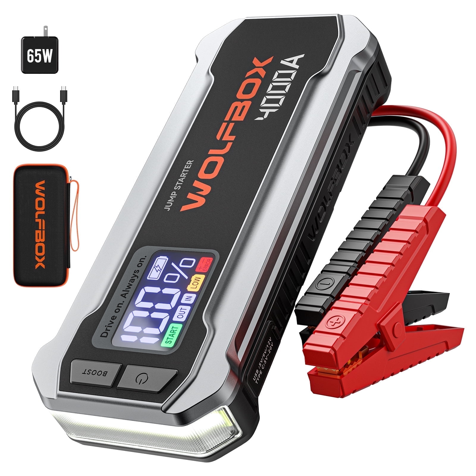 WolfBox 4000A Car Battery Jump Starter, Portable Jump Starter Battery Pack,  Battery Booster, Jump Box, Fast Charger and Jumper Cables for 10L Gasoline  and 10L Diesel Engines