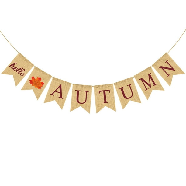 EeaseMX ¡HOLA OTOÑO! Banderines con letras marrones, hojas de arce, guirnalda de lino con cola de golondrina, bandera para festivales de otoño, suministros para fiestas, decoraciones para fiestas.