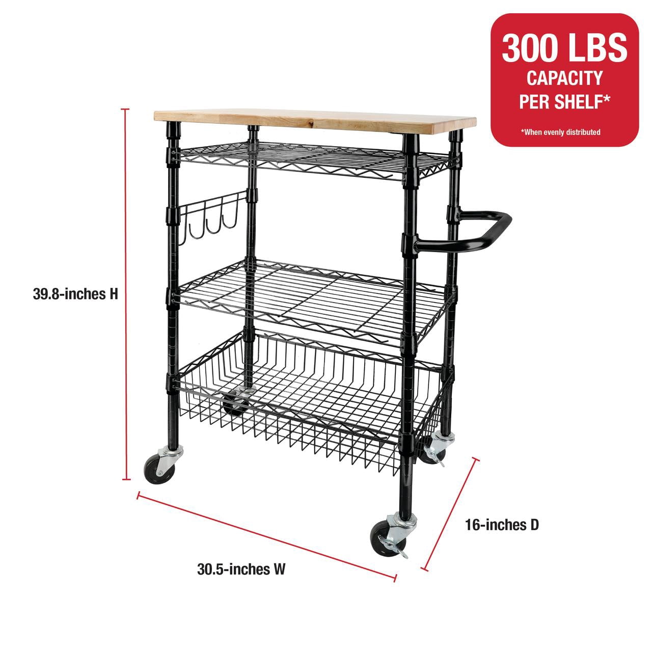 Rubbermaid 3-Tier Heavy Duty Black Rolling Utility Cart with Solid Wood Top, 300lb Capacity