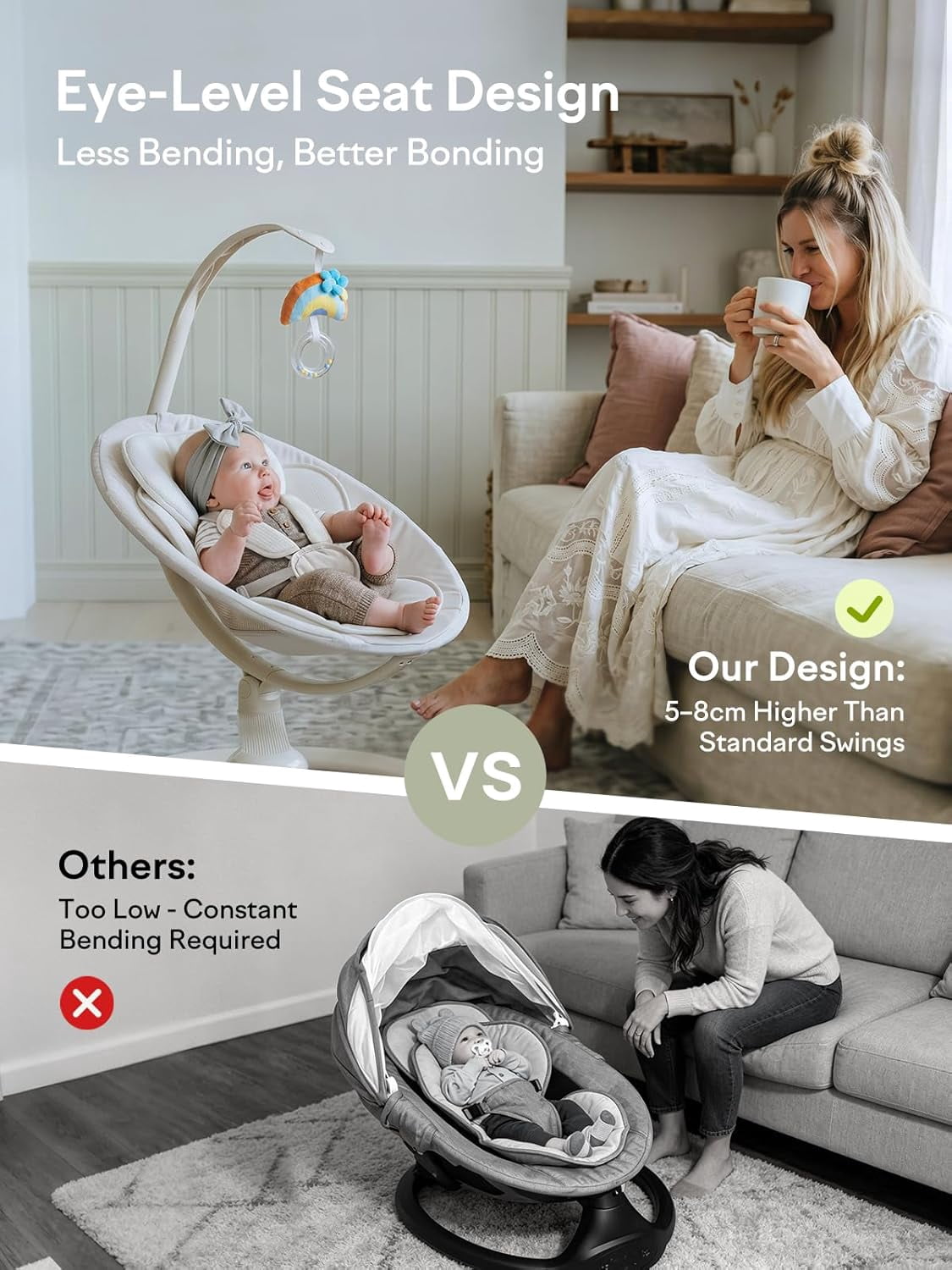 Grownsy Baby Play Swing, Smart Portable High View Swing with Music, Lightweight Foldable 360° Rotating Entertainment Chair Classic Oat - Only For Awake Babies Under Adult Supervision