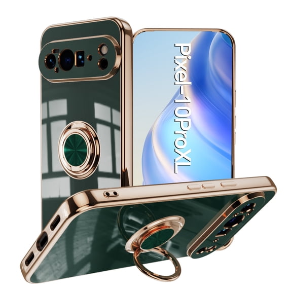 ELEHOLD for Google Pixel 10 Pro XL Case with Ring Kickstand, Slim Electroplated Frame Magnetic Compatible Car Mount Soft TPU Shockproof Anti-Scratch Case for Google Pixel 10 Pro XL, Green