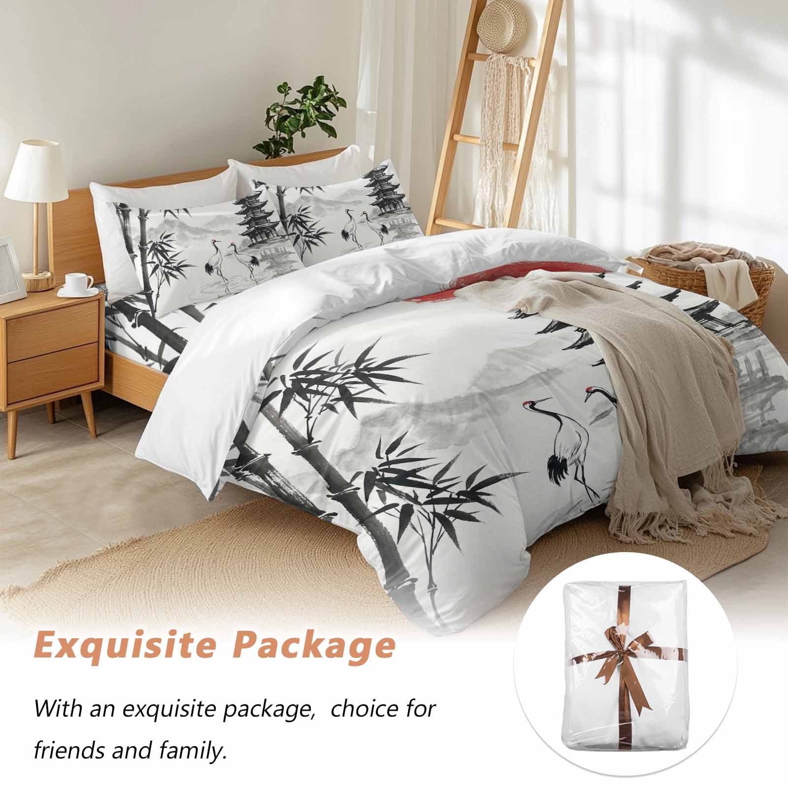 White Crane 4 Piece Duvet Cover Set Queen Size Ink Wash Gray Black Bamboos Trees Japanese Pagoda Red Sun Soft Bedding Set Comforter Cover, 1 Duvet Cover 1 Flat Sheets and 2 Pillowcases