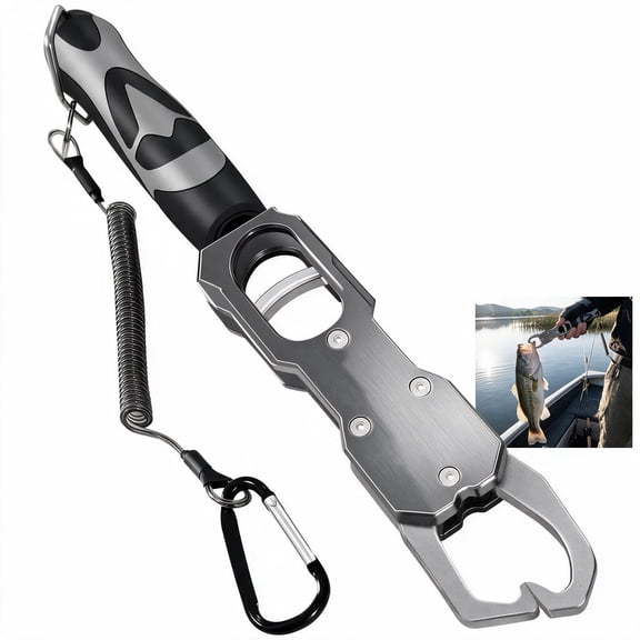Aluminum Fish Lip Gripper with Built-In Weight Scale, Heavy Duty Fishing Grabber Control Tool with Non-Slip Grip and Lanyard, 121 lbs Capacity, Grey
