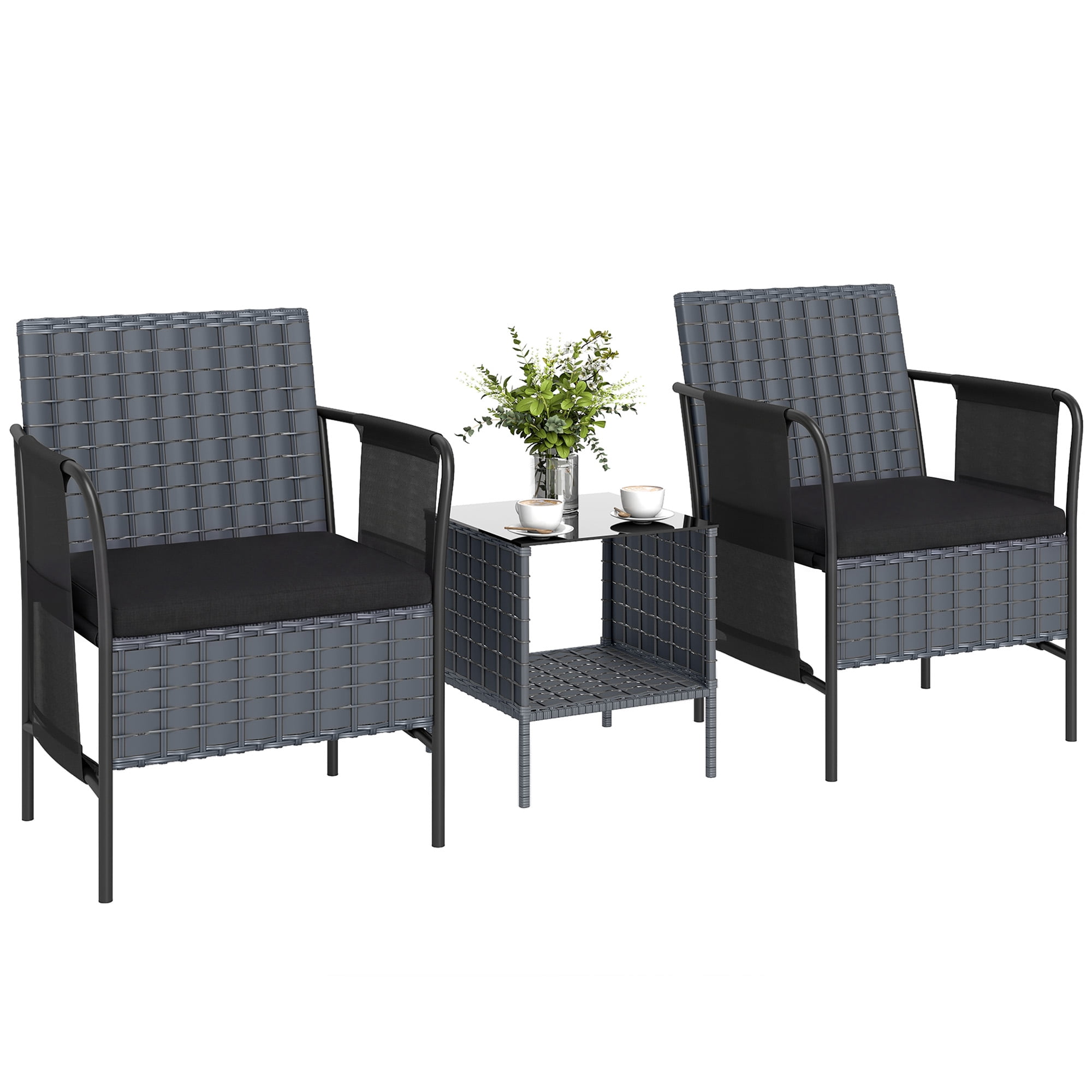 Outsunny 3 Piece Wicker Patio Furniture Bistro Set with Side Pocket ...
