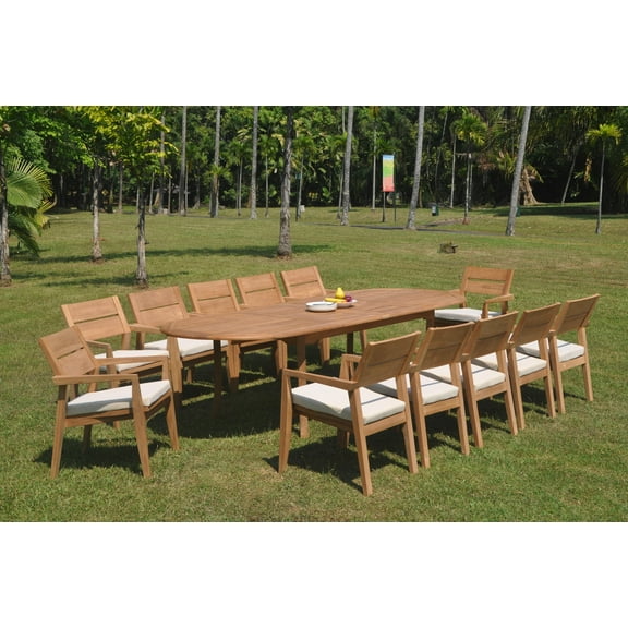 Grade-A Teak Dining Set: 12 Seater 13 Pc: 118" Double Extension Oval Table And 12 Vellore Stacking Arm Chairs Outdoor Patio WholesaleTeak #WMDSWVm