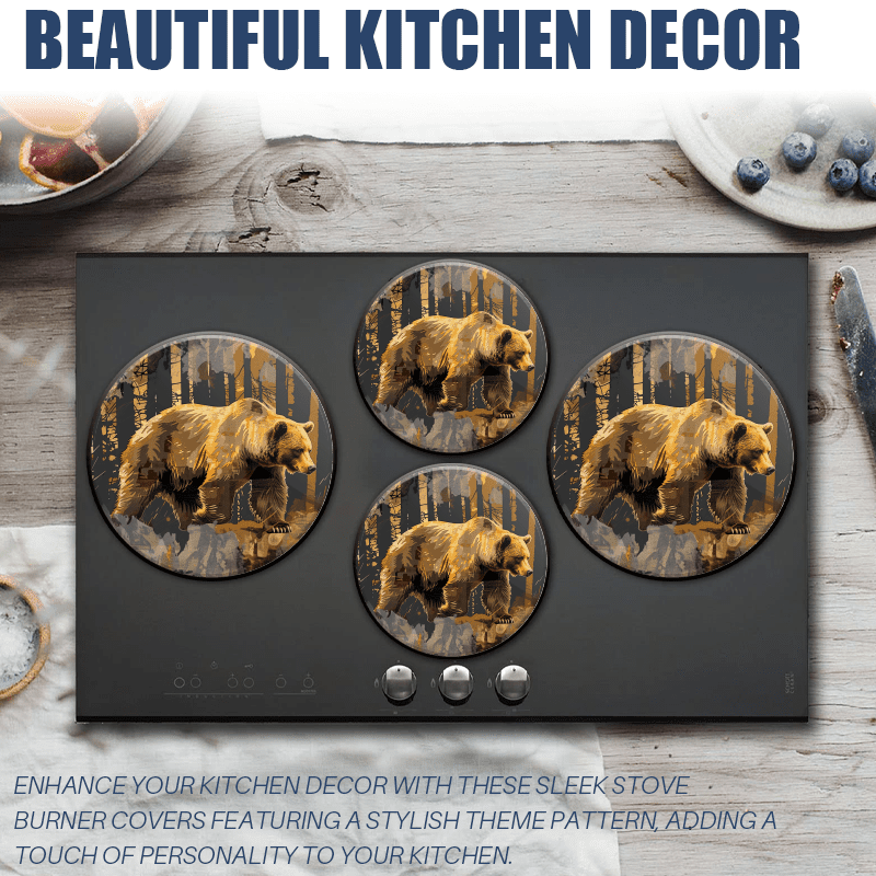 Bahomeck Electric Stove Burner Covers Set Of 4,Grizzly Bear Walking Through The Forest (2) Metal Gas Stove Burner Covers,Protecting Gas Stoves,8 Inch And 10 Inch