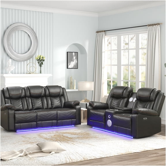 JERFIT Modern Power Recliner Set with Bluetooth Speakers, 2-Piece Faux Leather Sofa and Loveseat with Cup Holders, USB Charging, LED Lights, for Living Room, Gray