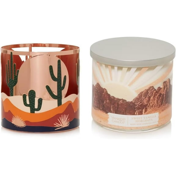 Yankee Candle Sweet Vanilla Horchata 3-Wick Candle with a Desert Sun Metal Jar Candle Holder 2-pc Set