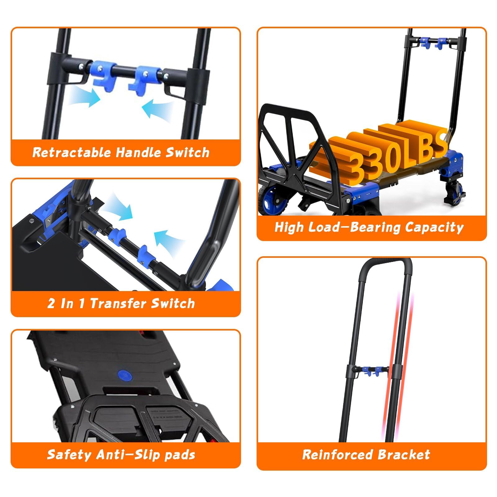 2-in-1Hand Truck Dolly with Folding Basket, Dolly Cart with 4 Wheels, Wagons Carts Foldable with Retractable Handle, Foldable wagon for Moving, 330LBS Capacity, Blue