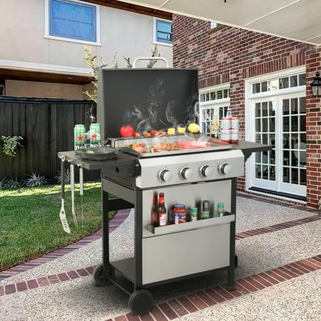 Ufurpie 4-Burner Propane Gas BBQ Grill with Foldable Side Burner, 49200BTU Output With Enameled Cast Iron Cooking Grids for Outdoor Barbecue