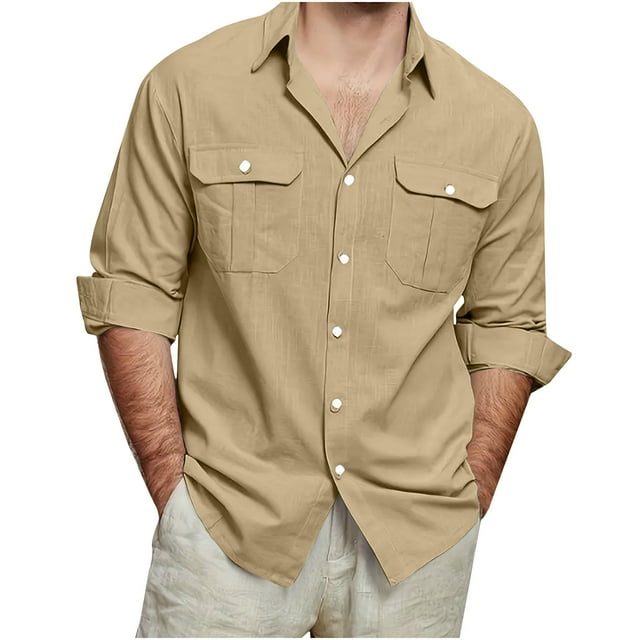 Grrvtrz Mens Linen Shirts Summer Beach Casual Button-down Short Sleeve Shirt Collared Cargo Shirts with Chest Pockets