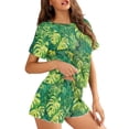 thumbnail image 3 of Yuyamidu Tropical Palm Leaves Pajamas 2 Piece Lounge Sets Matching Outfits Short Sleeve Top and Shorts Summer Ladies Pjs Sets with Pockets, Green, 3 of 7