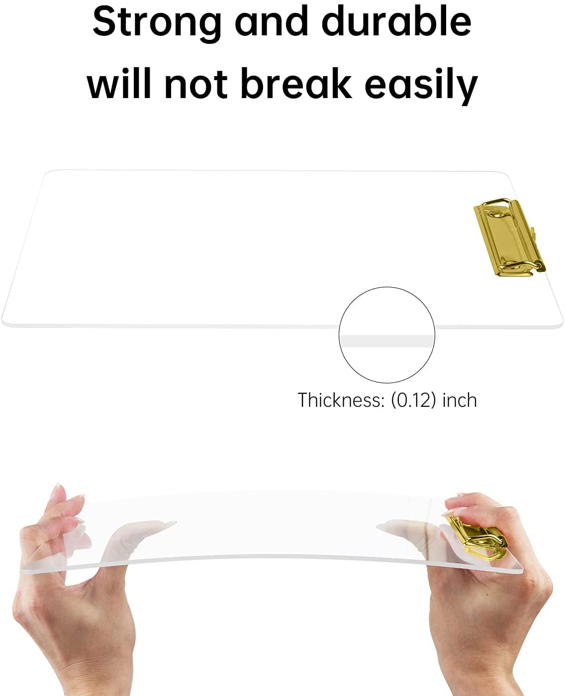 6 Pcs Thick Acrylic Clear Clipboards Cute Transparent Gold Clipboard with Strong Clip and Hidden Hanging Hole for A4 Paper, Art Student, Drawing, Office, School, Warehouse, Classroom