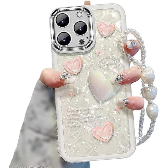 Designed for iPhone Case,Cute Love Heart Pearl Shell Pattern with Hand Braclet Shockproof Protective Cover Phone Case (iPhone 12,White)