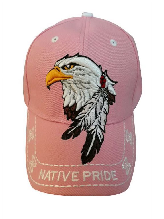 Eagle & 2 Feathers Native Pride Baseball Caps Embroidered -Pink Color -- FREE USA Shipping-- (CapNp505P)