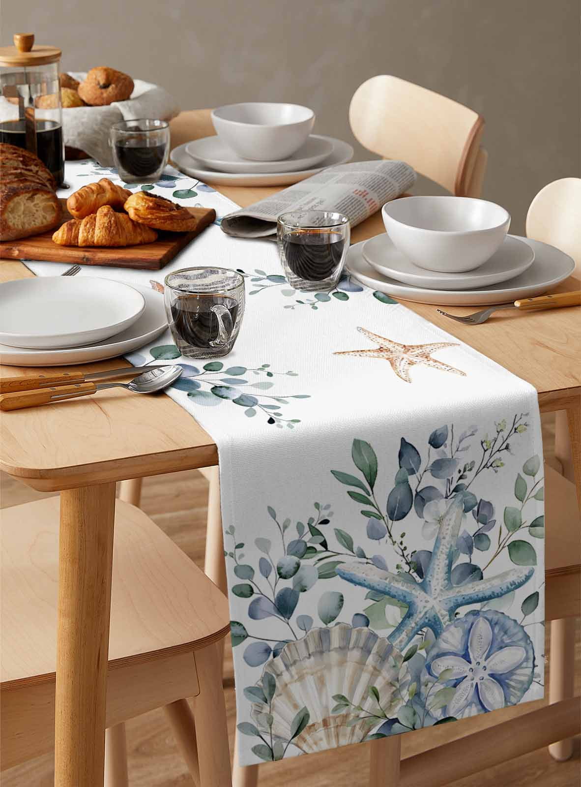 Starfish Eucalyptus Leaves Table Runner 90 Inches, Blue Teal Coastal Shell Bed Runner Dresser Scarves Tabletop for Indoor Outdoor Parties/Ceremony/Banquet, 13" x 90"