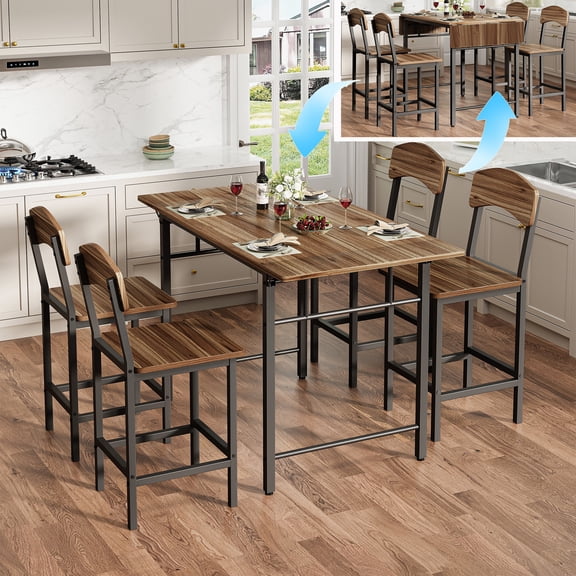 PORKISS Counter Height Dining Set for 4, Drop Leaf Table and Dining Chair Set, Dining Table Set for 4 with 4 Chairs for Kitchen Dining Room Breakfast Nook, Black Walnut