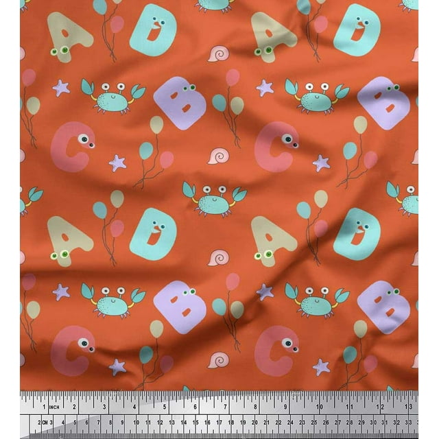 Soimoi Georgette Viscose Fabric Crab,Balloons & Alphabets Kids Decor Fabric Printed Yard 42 Inch Wide