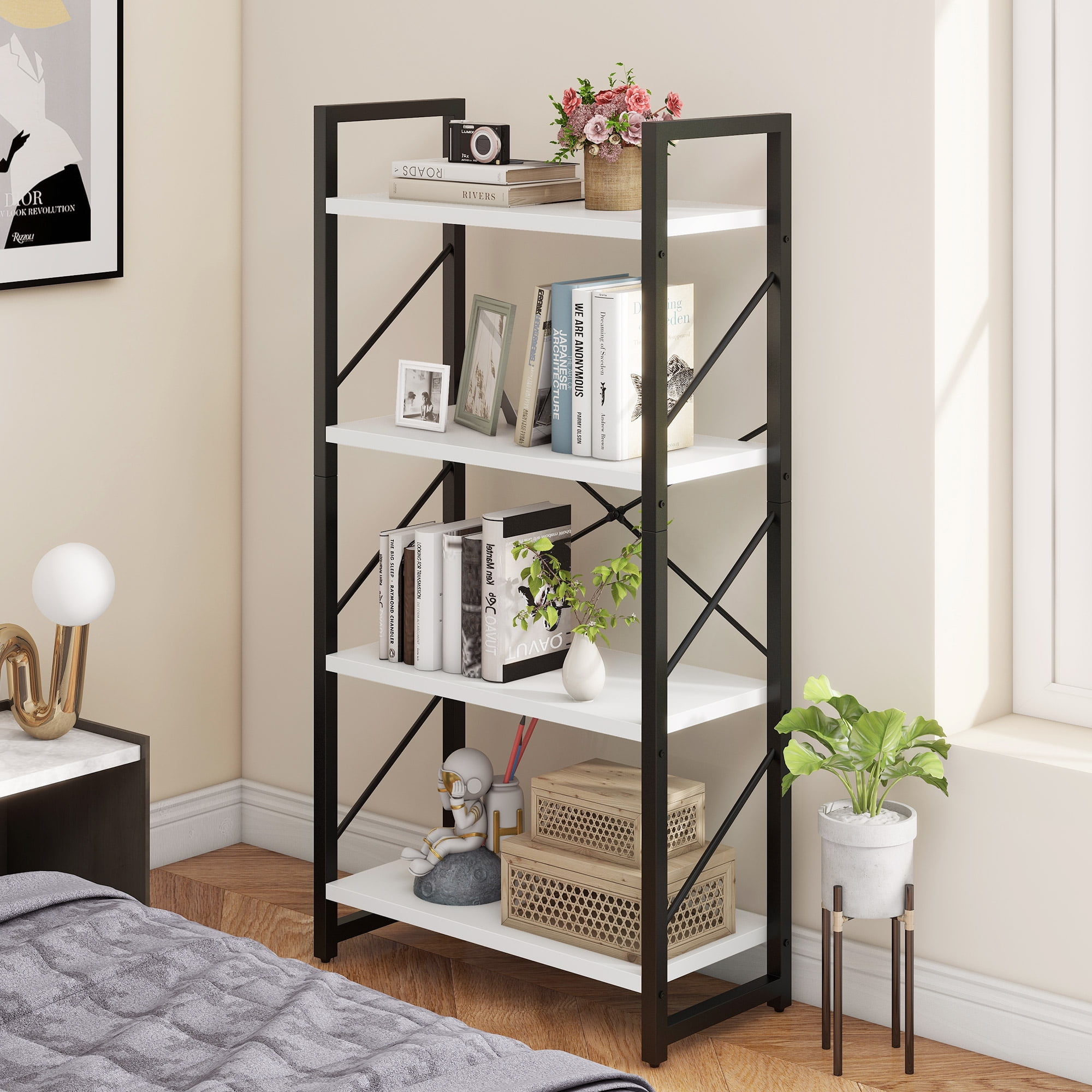 Dextrus 3-Tier Bookshelf, Ladder Bookcase, Industrial Freestanding Book Shelf Modern Open Display Storage Organizer Book Shelves for Bedroom, Living Room and Home Office, Black and White