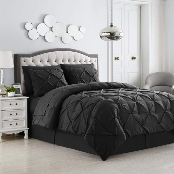 Queen Comforter Set 8 Piece Bed in a Bag with Bed Skirt, Fitted Sheet, Flat Sheet, 2 Pillowcases, 2 Pillow Shams, Queen, Pintuck Black