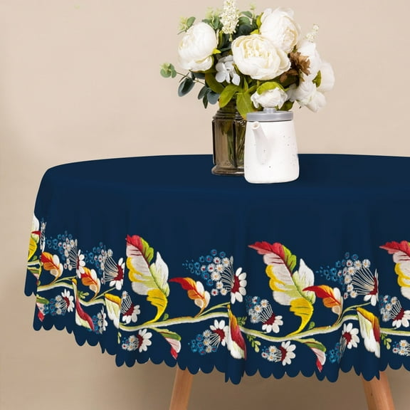 MIZHONA Navy Blue Round Tablecloth,Boho Pattern Table Cloth for Kitchen Party Outdoor Decor，60"