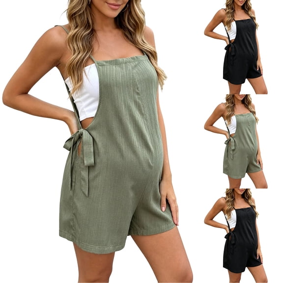 Hxshgdsn Womens Adjustable Tie Strap Maternity Jumpsuit Sleeveless Loose Fit Pregnancy Overall with Side Tie(Green/L)